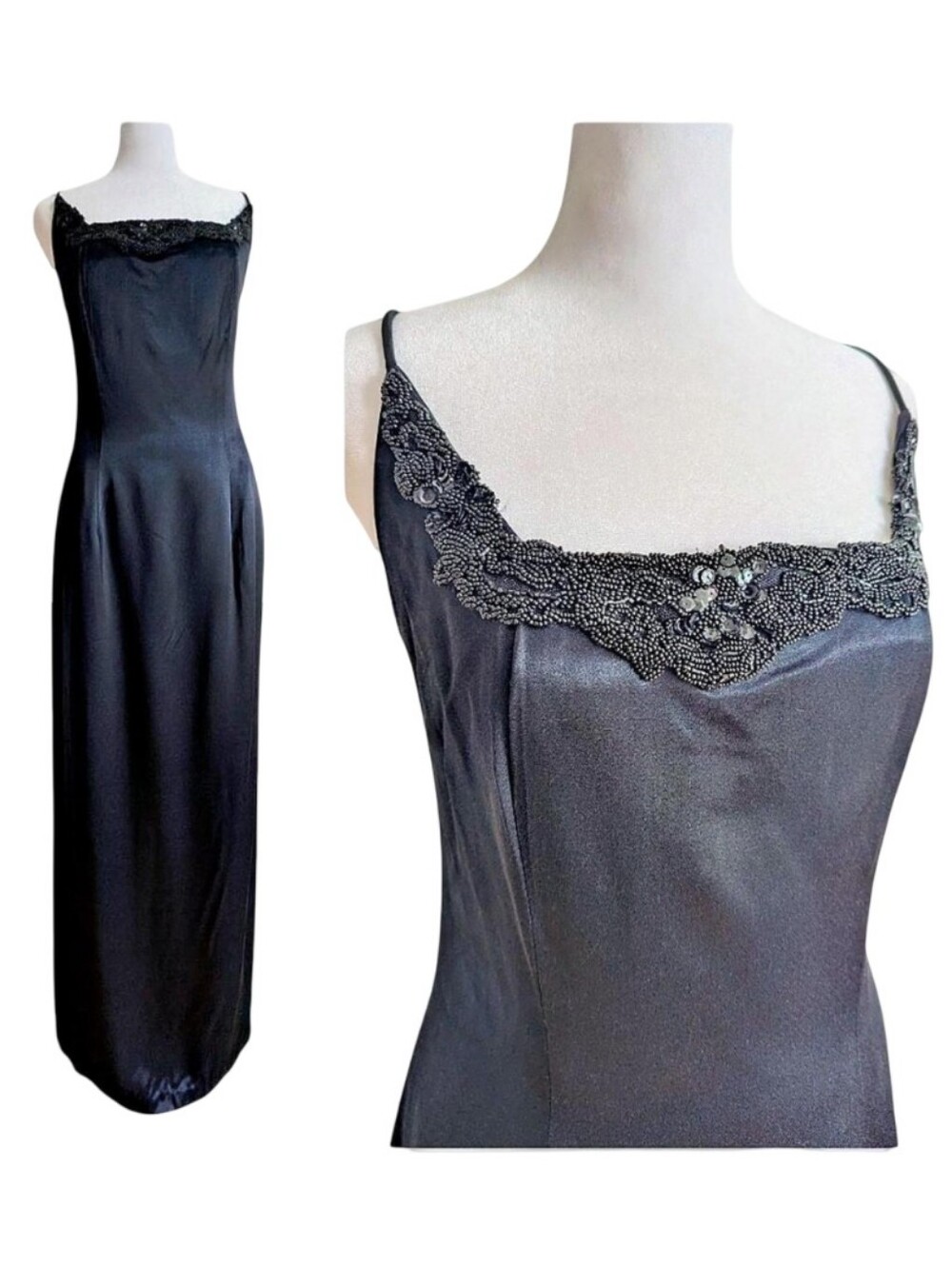 Vintage 90s Elegant Black Satin Sheath Gown With Beaded Bodice Square Neck 12